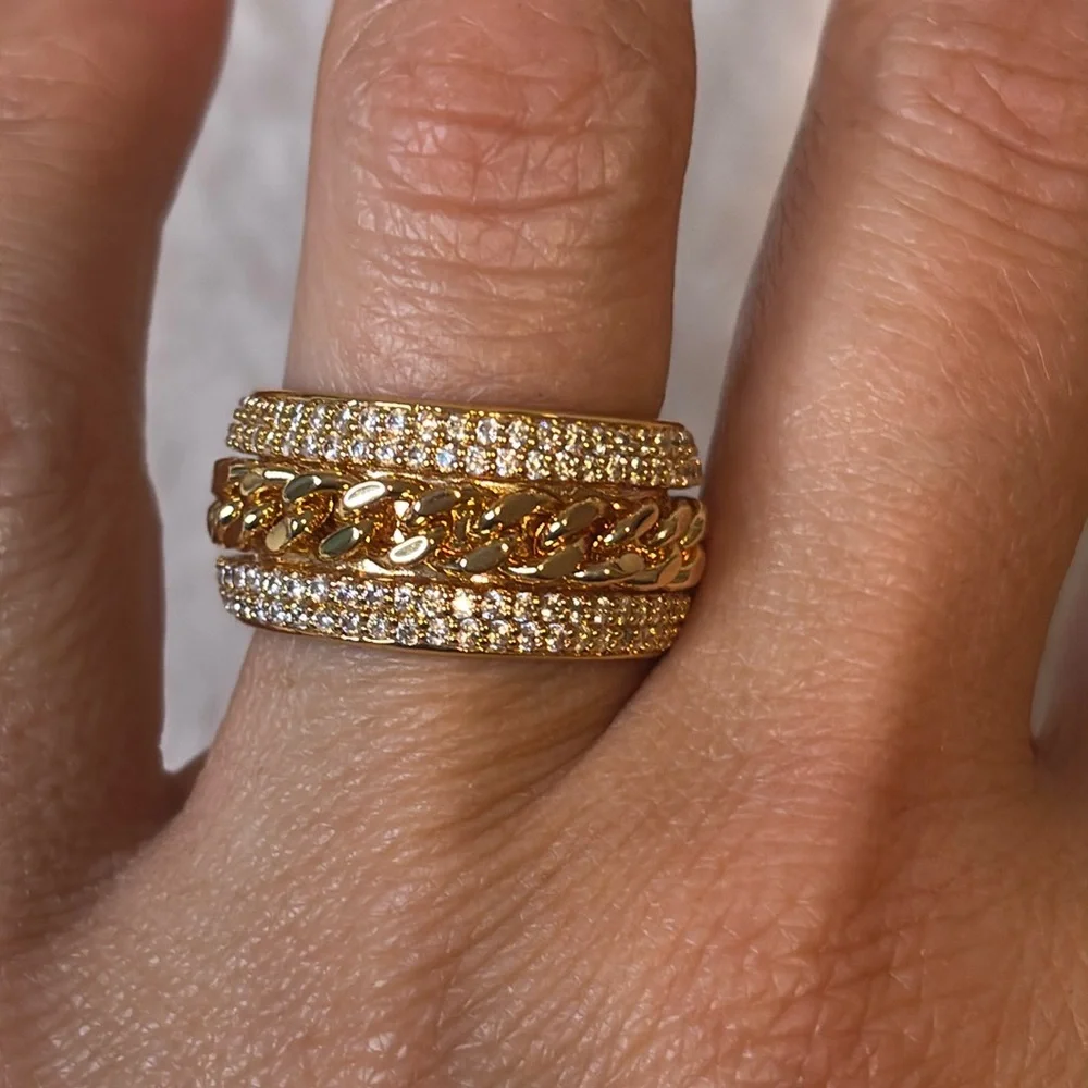 NEW AAA CZ Cuban Link Spinner Band Ring 18k Gold Filled - Picture 4 of 10